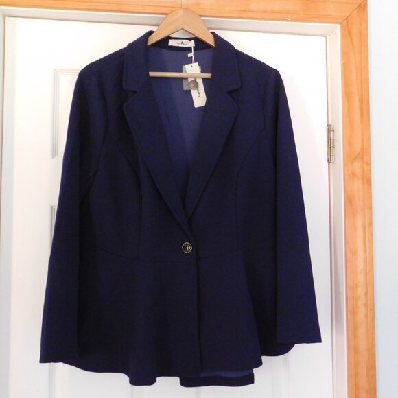 Agnes Orinda 1X Navy Blue Peplum Jacket Long Sleeve Button Front Career Peplum - Picture 1 of 6